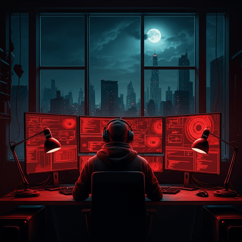 A man coding in front of a city view