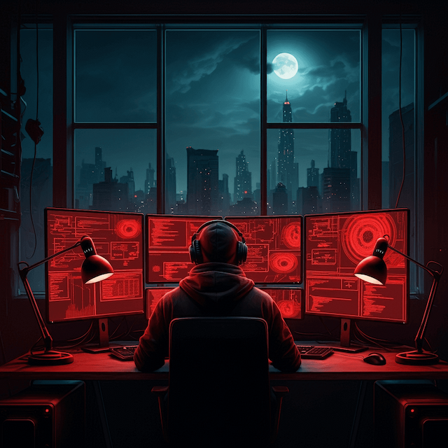 A man coding in front of a city view