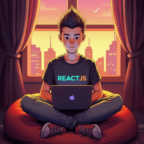 A boy wearing a T-shirt that says 'ReactJS' on it