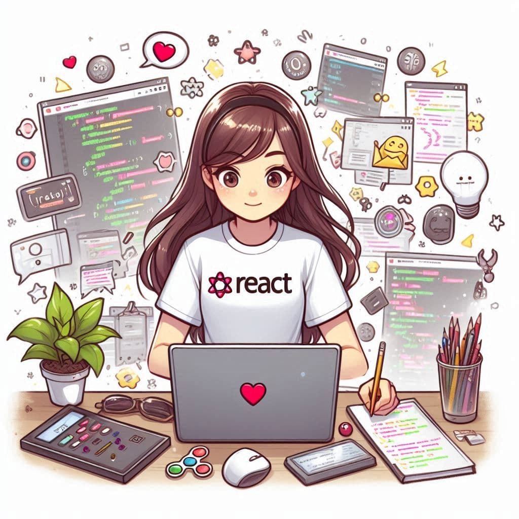 An illustration of a girl coding, wearing a T-shirt with "React" written on it.